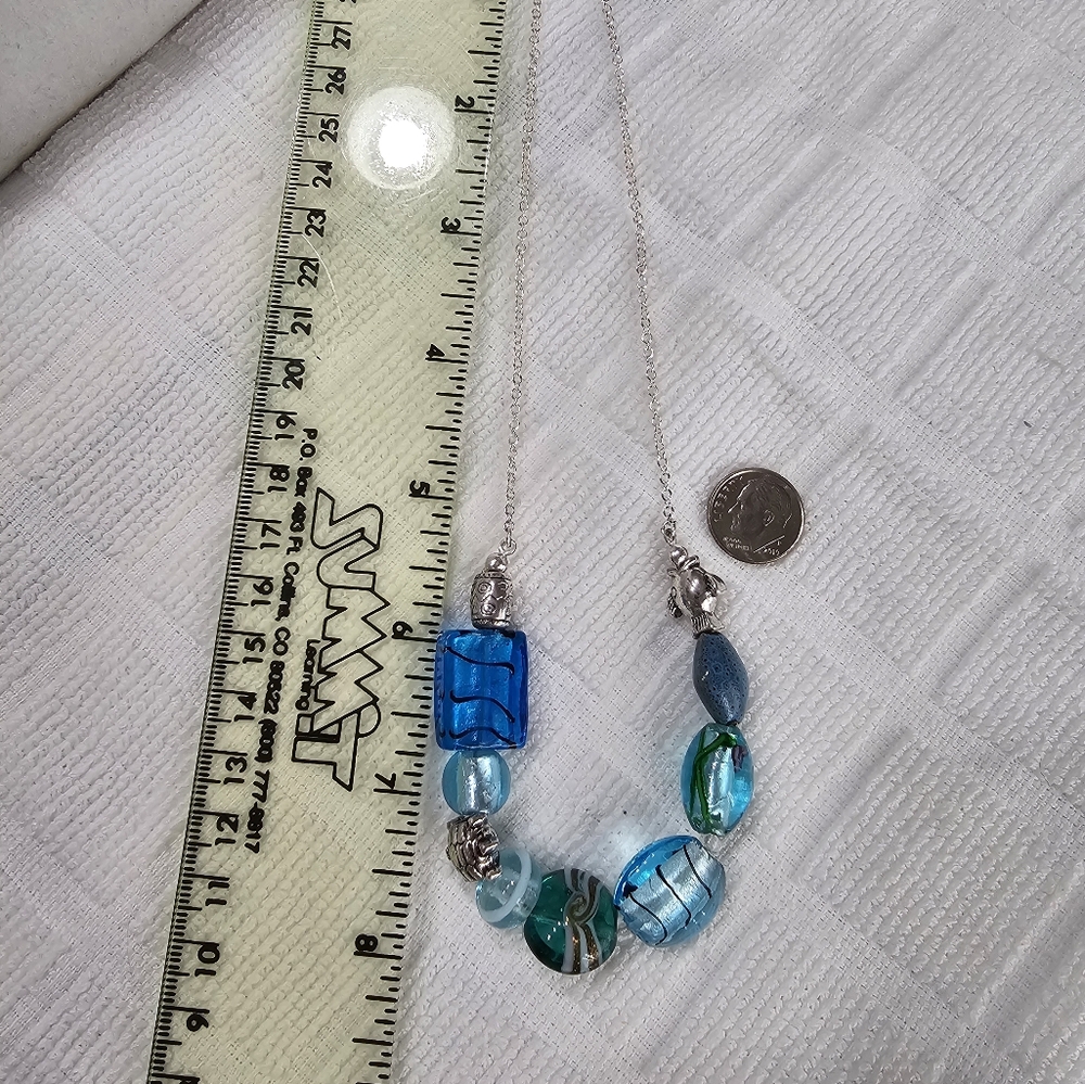 Silver and Blue Beaded Ocean Theme Blown Glass Vintage Necklace SAQ - Picture 13 of 14